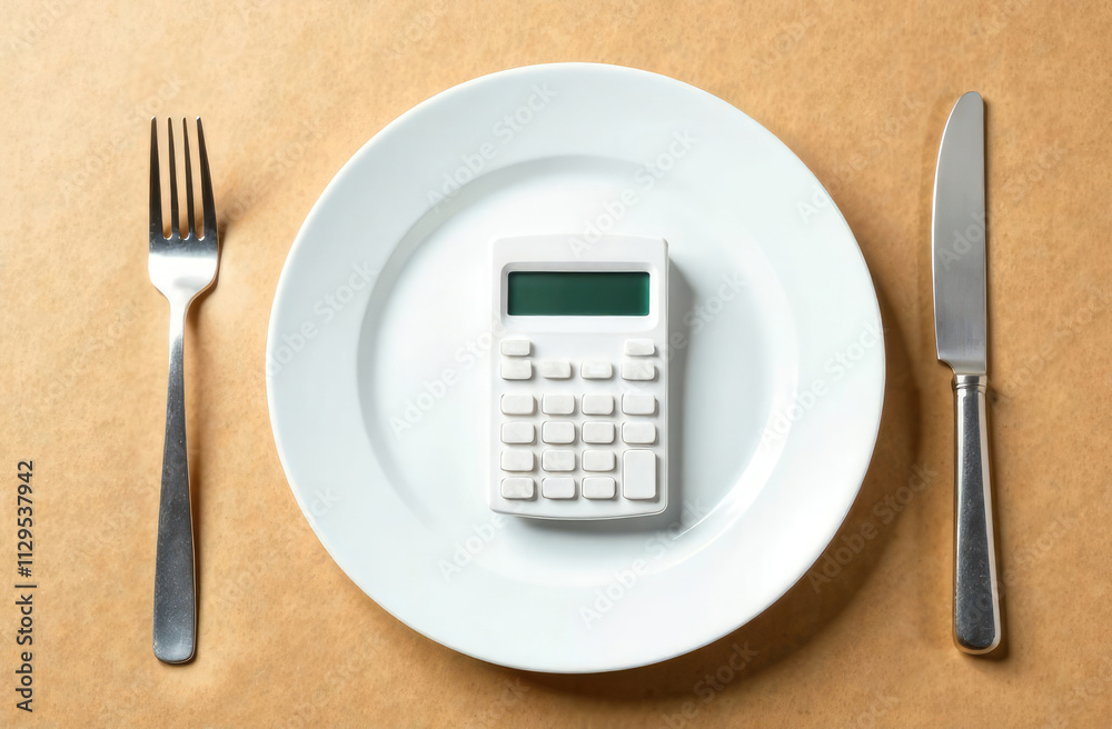 Diet concept with calculator on empty plate with fork and knife isolated on brown recycled paper background with copy space, food spending costs concept Diet concept with calculator on empty plate with fork and knife isolated on brown recycled paper background with copy space, food spending costs concept
