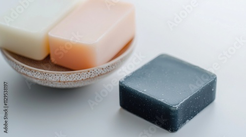 Two rectangular soap bars in a small ceramic bowl. the soap bars are of different colors - one is white, one is peach, and one is dark blue.