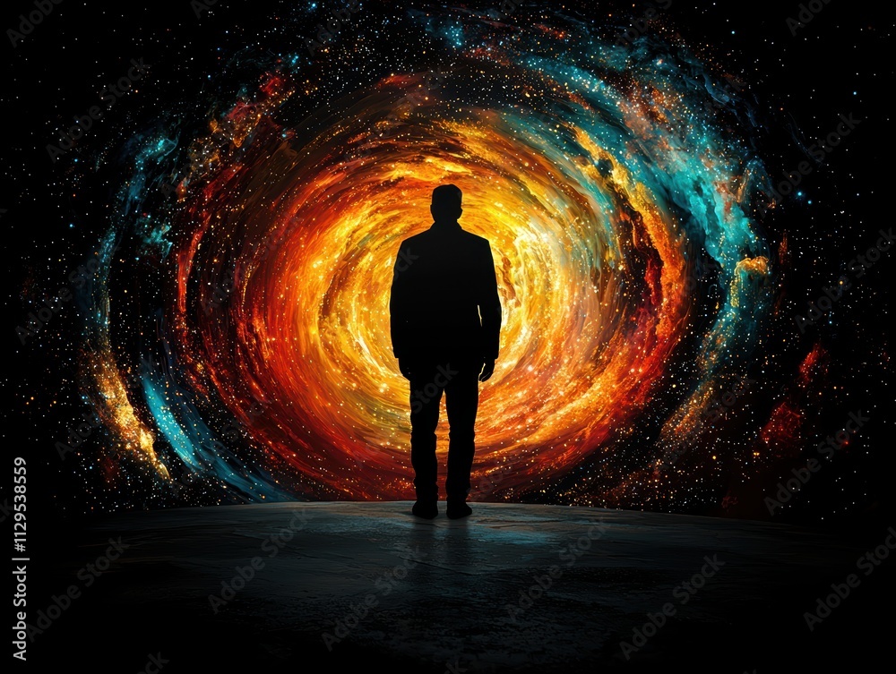 Mysterious silhouette of a man against an explosive cosmic background surreal art digital nighttime abstract concept Mysterious silhouette of a man against an explosive cosmic background surreal art digital nighttime abstract concept
