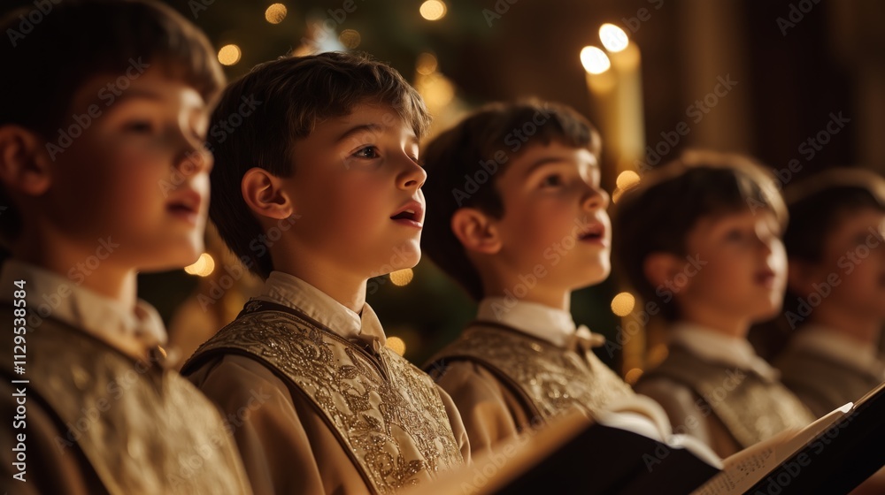 choir boys singing in a beautiful church in choir dresses at christmas time. choir boys singing in a beautiful church in choir dresses at christmas time.