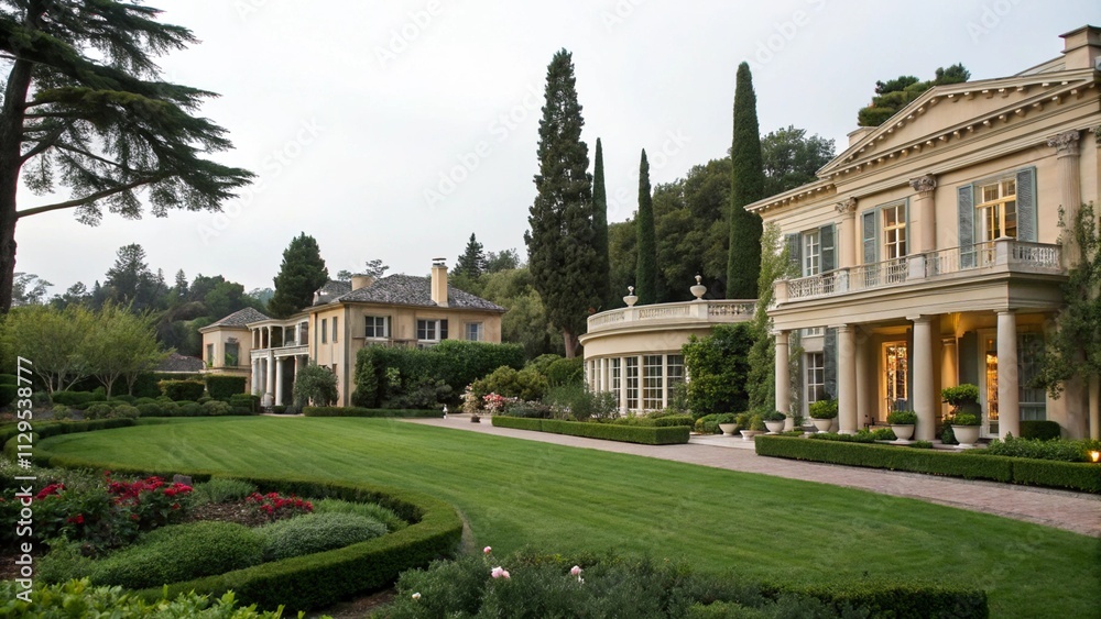 Obraz premium Elegant Mansion with Manicured Landscaping and Gardens