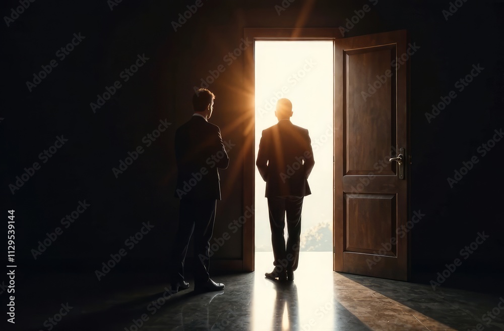 Obraz premium businessmen stand with their backs to a dark room near an open door through which the sun shines
