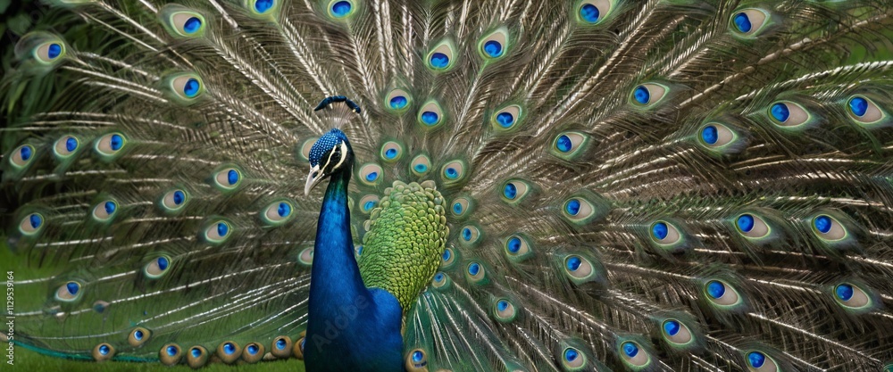 Fototapeta premium Majestic peacock displaying vibrant plumage.