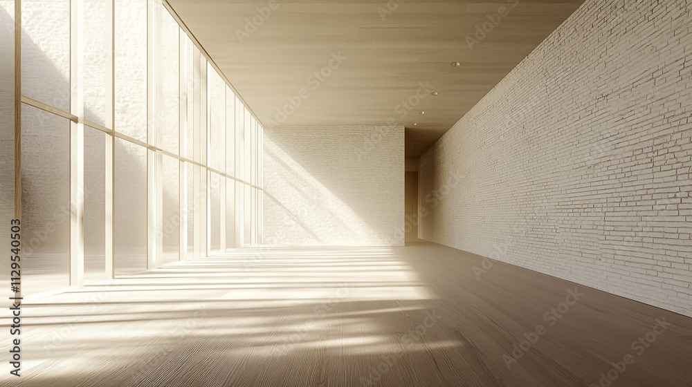 Sunlit Modern Gallery Interior White Brick Wall Wooden Floor Large Windows Sunlit Modern Gallery Interior White Brick Wall Wooden Floor Large Windows