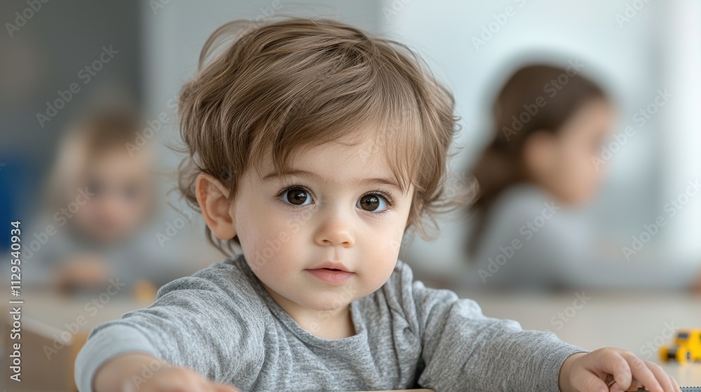 Close-up portrait of a young child, likely a toddler, sitting at a table and playing with a toy car. the child is looking directly at the camera with a curious expression on their face. Close-up portrait of a young child, likely a toddler, sitting at a table and playing with a toy car. the child is looking directly at the camera with a curious expression on their face.