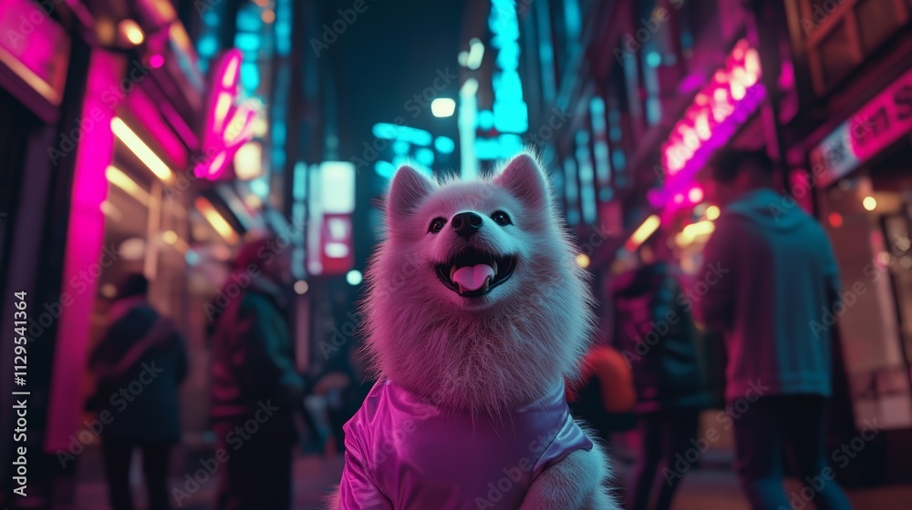 Happy Dog in Neon Streets: A Joyful Pup Enjoying the Vibrant Night Life