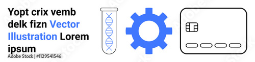 Test tube with DNA pattern, blue gear icon, and credit card. Ideal for technology, science, genetic research, finance, payment systems digital innovation educational content. Landing page