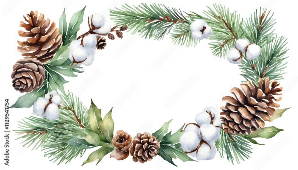 Merry Christmas watercolour decor greetings Happy New Year wishes and Xmas elegant Christmas card, with fir branches, pine cone, cotton, leaves, Botanical winter greenery holiday illustration white. Merry Christmas watercolour decor greetings Happy New Year wishes and Xmas elegant Christmas card, with fir branches, pine cone, cotton, leaves, Botanical winter greenery holiday illustration white.