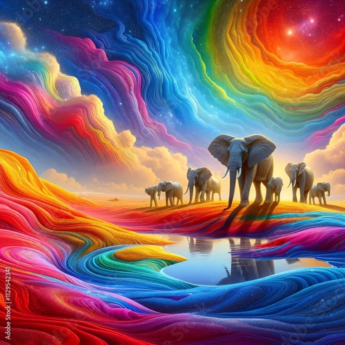 Desert with rainbow clouds and sand and elephants