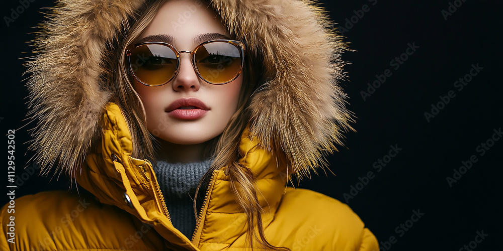 A fashionable woman in sunglasses and a yellow winter coat on a black background, copy space A fashionable woman in sunglasses and a yellow winter coat on a black background, copy space