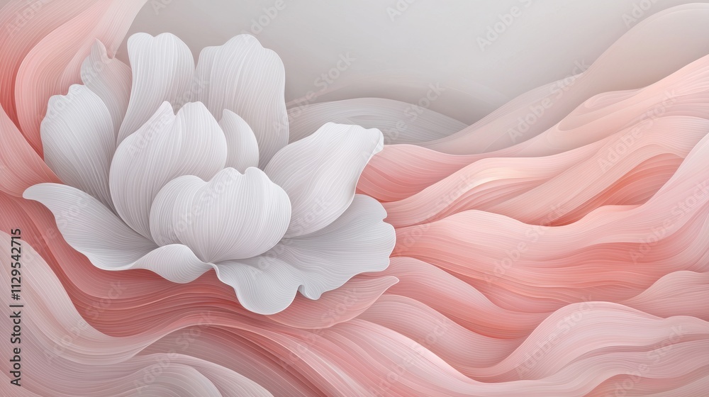 Abstract digital art piece with a white flower in the center. the flower is made up of multiple layers of pink and white wavy lines that create a wave-like pattern. Abstract digital art piece with a white flower in the center. the flower is made up of multiple layers of pink and white wavy lines that create a wave-like pattern.