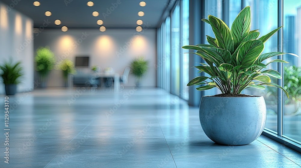 Elegant indoor space featuring a lush green plant with natural light pouring through large windows Elegant indoor space featuring a lush green plant with natural light pouring through large windows