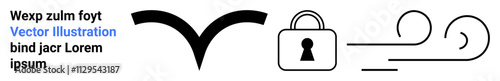 Abstract bird, lock, and flowing line symbols on white background. Ideal for security, freedom, protection, movement, privacy wings safety. Landing page