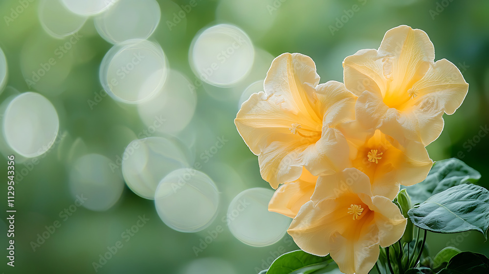 beautiful arrangement of yellow trumpet flowers with soft bokeh background creates serene atmosphere