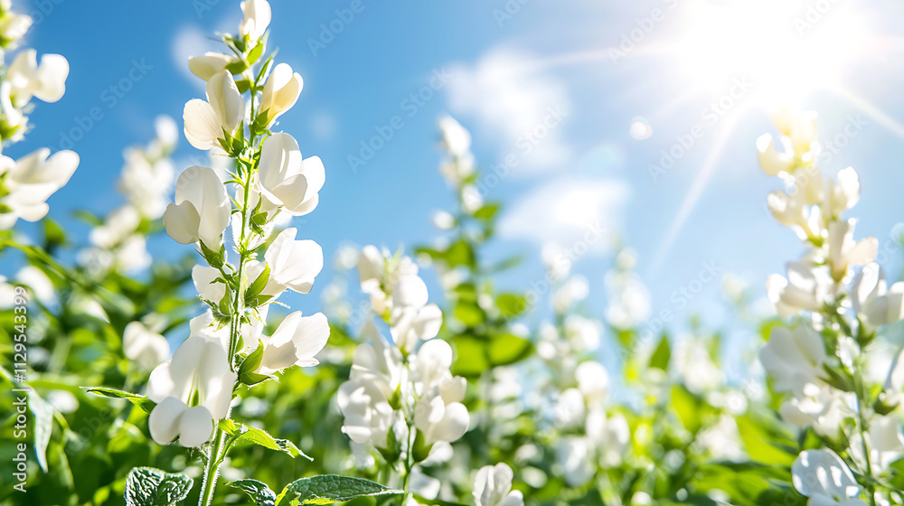 vibrant field of white wild indigo flowers under bright blue sky, radiating joy vibrant field of white wild indigo flowers under bright blue sky, radiating joy