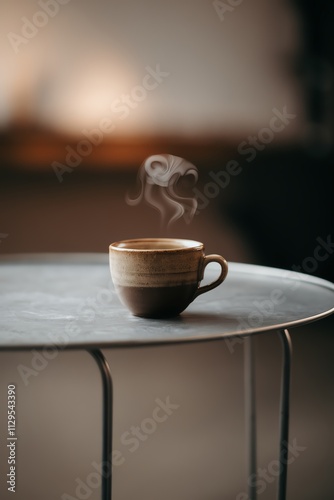 Wallpaper Mural Steaming coffee cup on round metal table in cozy ambient light. Torontodigital.ca