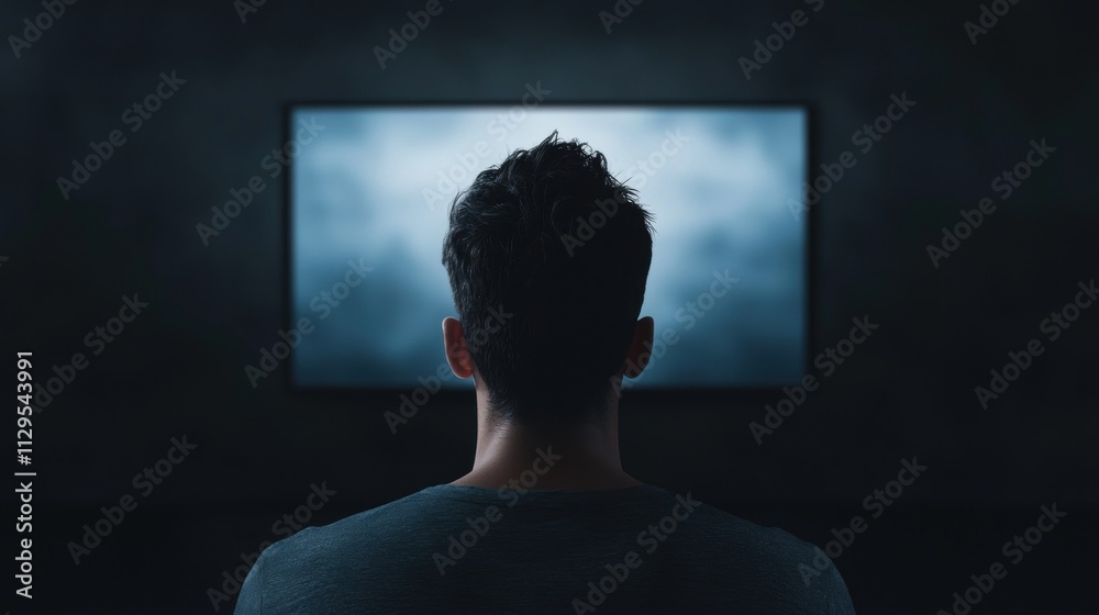 Man standing in front of a large tv screen. the man is facing away from the camera, with his back towards the viewer. he is wearing a dark t-shirt and his hair is styled in a messy, spiky manner. Man standing in front of a large tv screen. the man is facing away from the camera, with his back towards the viewer. he is wearing a dark t-shirt and his hair is styled in a messy, spiky manner.