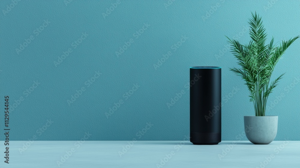 Black cylindrical device, possibly an amazon echo, placed on a light blue surface against a plain blue wall. next to the device, there is a small potted plant with long green leaves. Black cylindrical device, possibly an amazon echo, placed on a light blue surface against a plain blue wall. next to the device, there is a small potted plant with long green leaves.