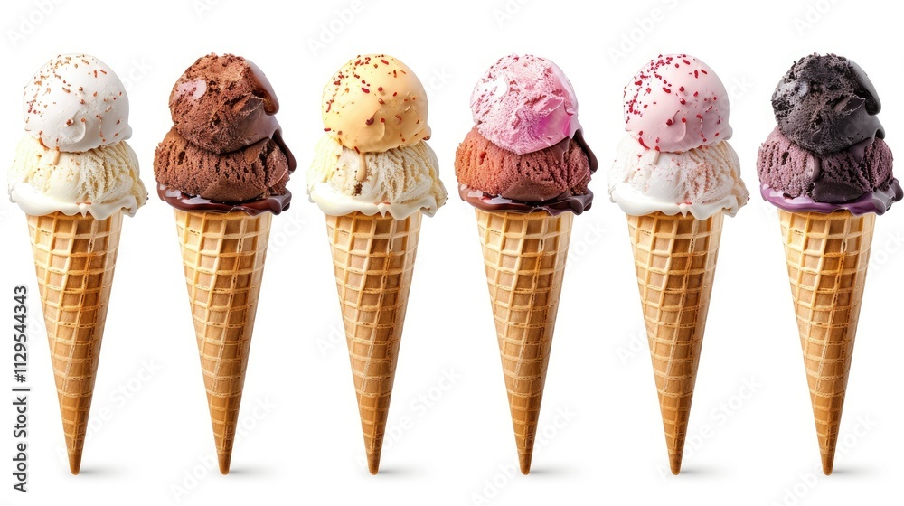 Six ice cream cones with various flavors and sprinkles. Six ice cream cones with various flavors and sprinkles.
