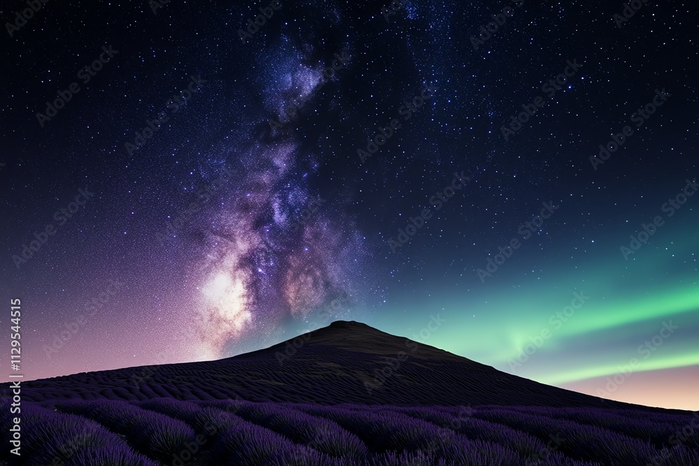 Stunning night sky with vibrant stars and aurora over hill and lavender field. Stunning night sky with vibrant stars and aurora over hill and lavender field.