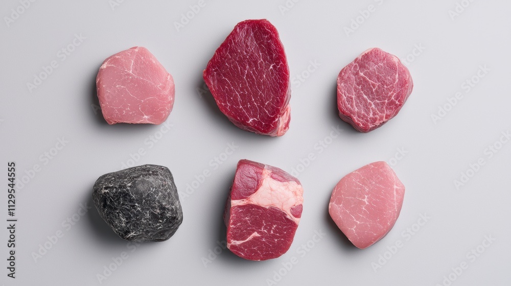 Six pieces of raw meat arranged in a square formation on a light grey background. there are six pieces in total, three of which are pink in color and one is black. Six pieces of raw meat arranged in a square formation on a light grey background. there are six pieces in total, three of which are pink in color and one is black.