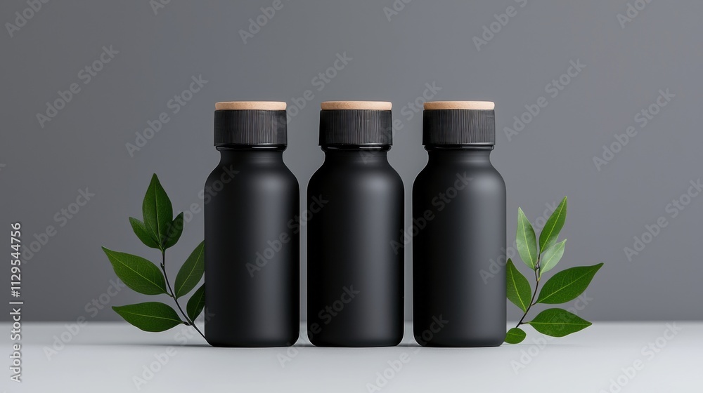 Three black glass bottles with cork stoppers. the bottles are arranged in a row, with the largest bottle in the center and two smaller bottles on either side. Three black glass bottles with cork stoppers. the bottles are arranged in a row, with the largest bottle in the center and two smaller bottles on either side.