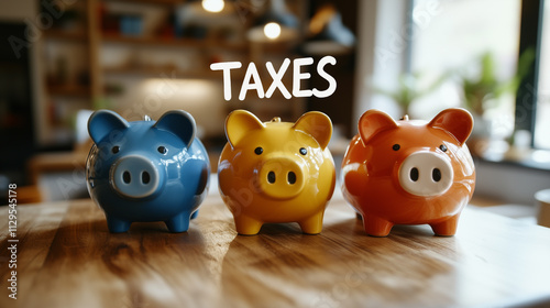 Colorful piggy banks in kitchen interior with the word 'taxes'. Concept for financial planning and household tax burden