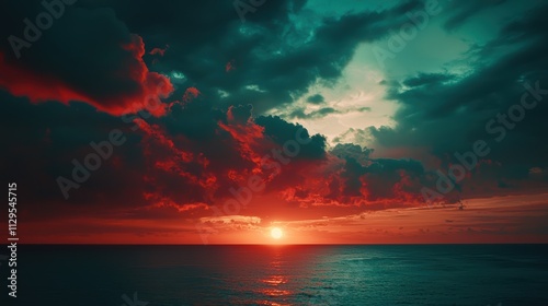 A vibrant sunset casts red and teal hues over calm ocean waters, with dramatic clouds enhancing the serene atmosphere.
