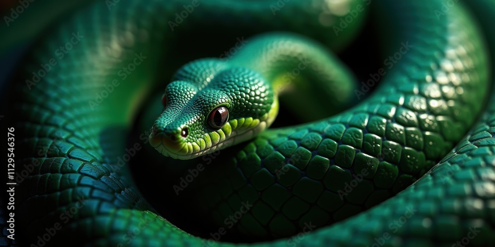 Fototapeta premium A close-up of a vibrant green snake coiled gracefully, showcasing its intricate scales and captivating eyes, perfect for nature-related projects and wildlife education.
