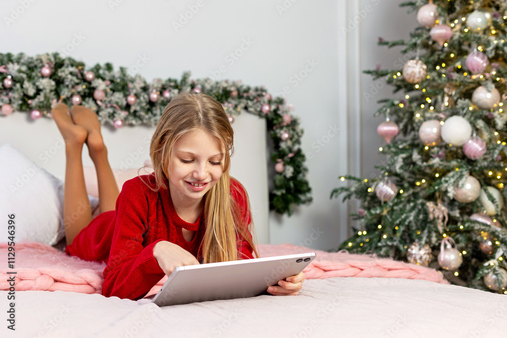Smiling Girl Using Tablet at Christmas. A young girl in a red dress using a tablet while lying on a bed, surrounded by festive Christmas decorations and a tree. Smiling Girl Using Tablet at Christmas. A young girl in a red dress using a tablet while lying on a bed, surrounded by festive Christmas decorations and a tree.
