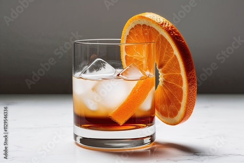 Bourbon Cocktail with Ice and Fresh Orange on Pure White Base photo