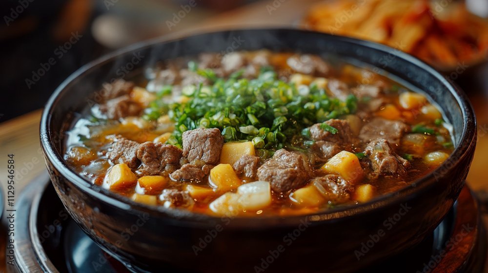 A steaming bowl of meat stew with vegetables and chopped green onions on top is on a wooden table. Concept of delicious comfort food. A steaming bowl of meat stew with vegetables and chopped green onions on top is on a wooden table. Concept of delicious comfort food.