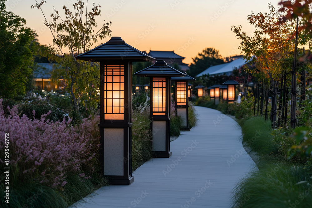 Delicate glow of traditional Japanese lanterns lining a serene garden pathway at twilight Delicate glow of traditional Japanese lanterns lining a serene garden pathway at twilight