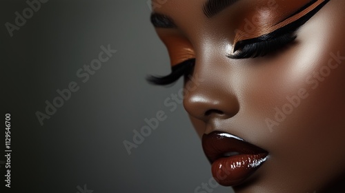 Close-up of bold makeup with glossy brown lips and dramatic eyeliner on a woman. Concept of luxury, beauty, and modern elegance. photo