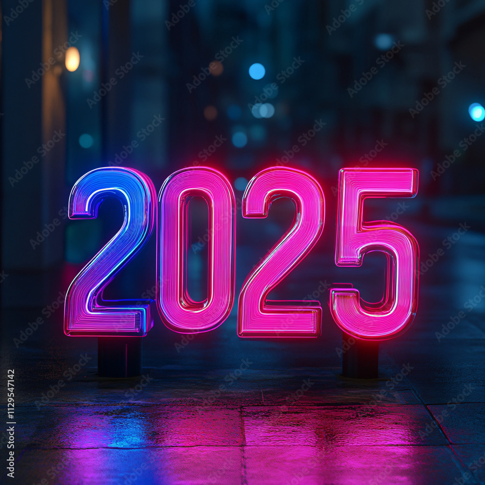 A vibrant neon '2025' against a dark background, perfect for New Year's celebrations, digital events, or countdown marketing campaigns, exuding a modern and energetic vibe. A vibrant neon '2025' against a dark background, perfect for New Year's celebrations, digital events, or countdown marketing campaigns, exuding a modern and energetic vibe.