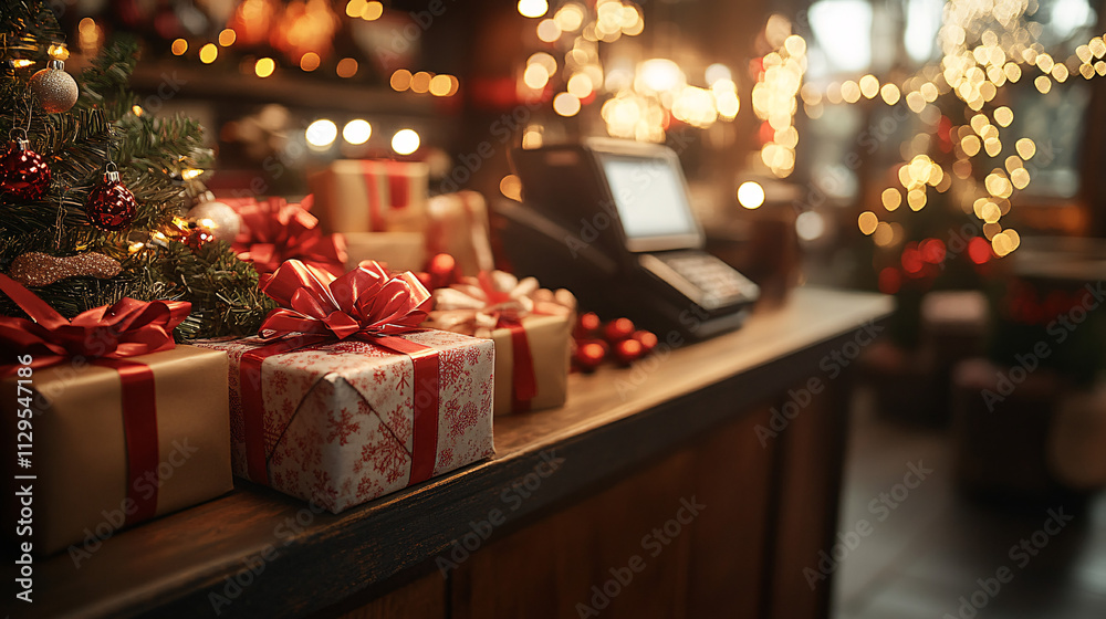 Cozy Wooden Counter with Wrapped Christmas Presents and Festive Tree Decorations Cozy Wooden Counter with Wrapped Christmas Presents and Festive Tree Decorations