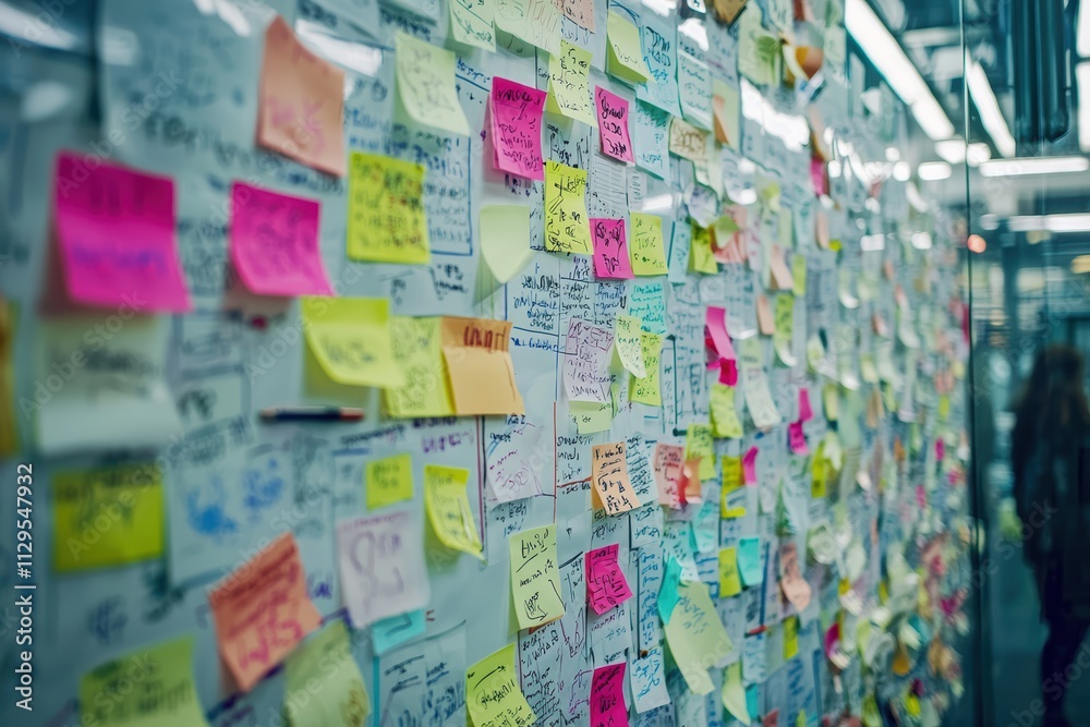 Fototapeta premium A vibrant wall covered in colorful sticky notes, showcasing ideas, reminders, and brainstorming efforts in a creative workspace.