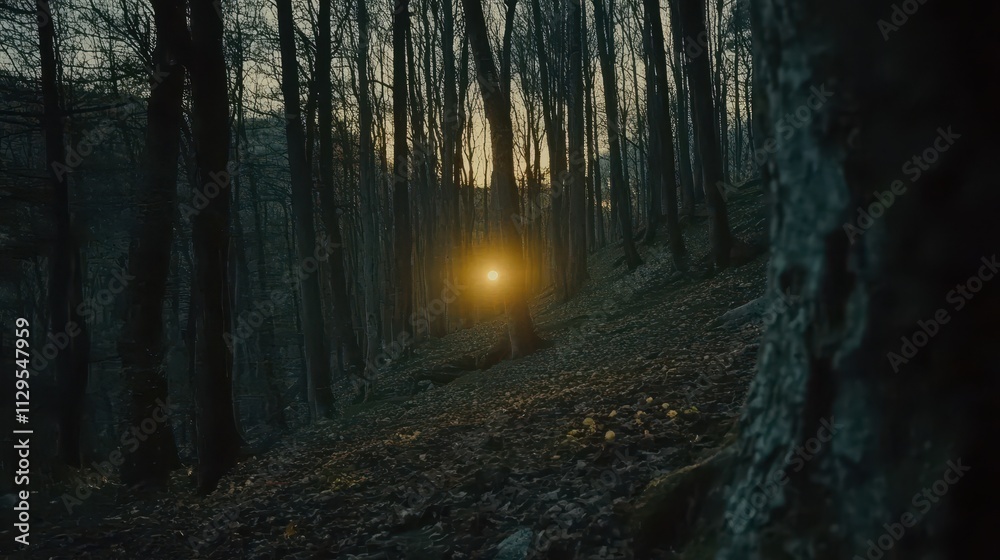 Fototapeta premium A serene forest scene at dusk, illuminated by a soft glowing light.