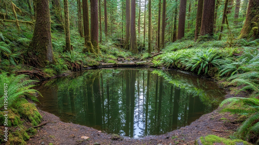 A serene forest scene featuring a calm pond surrounded by tall trees and lush greenery. A serene forest scene featuring a calm pond surrounded by tall trees and lush greenery.