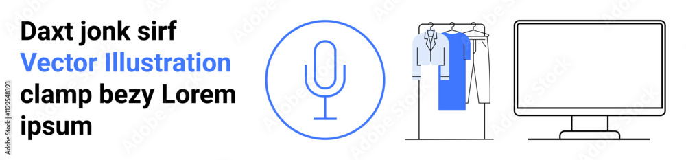 Microphone within circle, clothes rack with hanging apparel, and computer monitor. Ideal for audio recording, fashion design, tech devices, e-commerce, digital content creation, user guides Microphone within circle, clothes rack with hanging apparel, and computer monitor. Ideal for audio recording, fashion design, tech devices, e-commerce, digital content creation, user guides