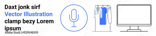 Microphone within circle, clothes rack with hanging apparel, and computer monitor. Ideal for audio recording, fashion design, tech devices, e-commerce, digital content creation, user guides