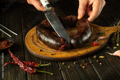 A skilled chef prepares to slice a flavorful sausage on a wooden cutting board. Fresh herbs and spices surround the dish, enhancing the culinary experience in a cozy kitchen setting photo