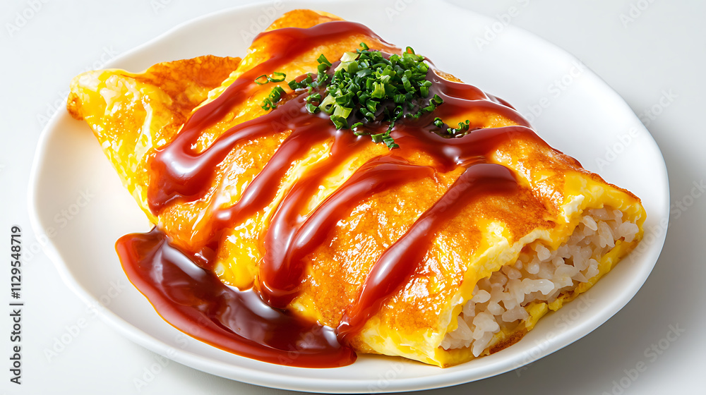 Delicious Japanese omurice featuring rice wrapped in fluffy omelet, topped with savory sauce and garnished with green onions Delicious Japanese omurice featuring rice wrapped in fluffy omelet, topped with savory sauce and garnished with green onions