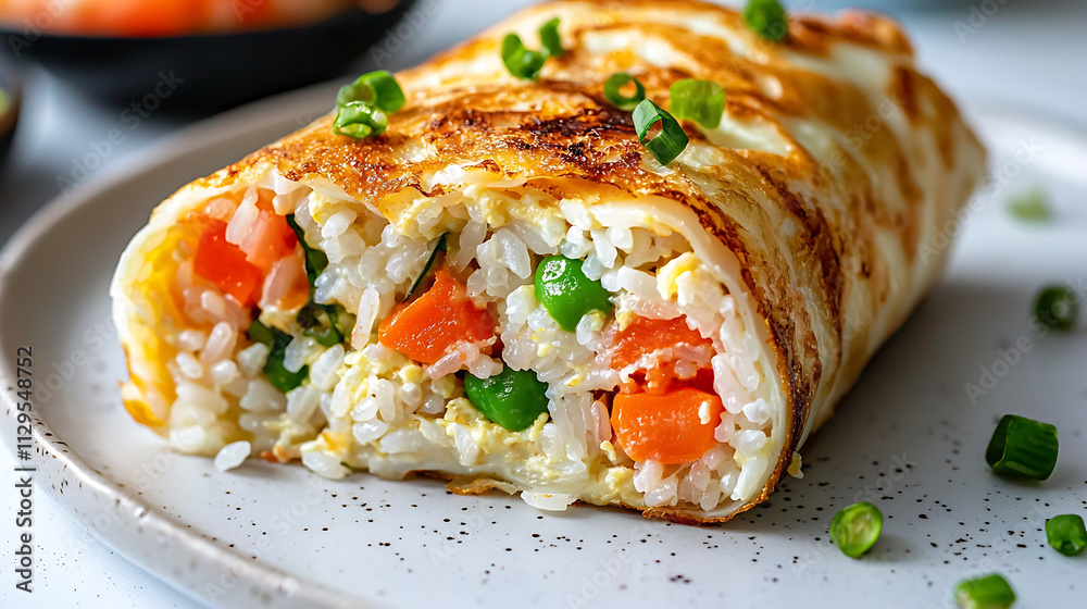 delicious Japanese omurice featuring rice wrapped in fluffy omelet, garnished with green onions. Perfect for comforting meal! delicious Japanese omurice featuring rice wrapped in fluffy omelet, garnished with green onions. Perfect for comforting meal!