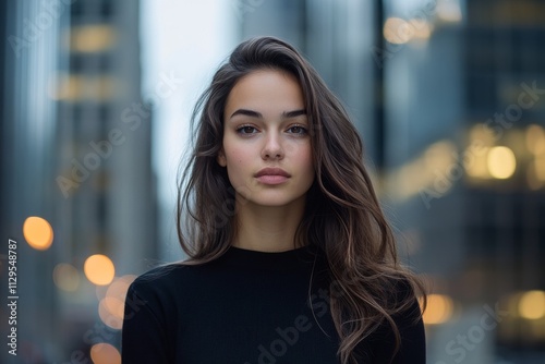 Free Download Model poses confidently in urban setting during twilight hours with city lights in the background - GFXLoad