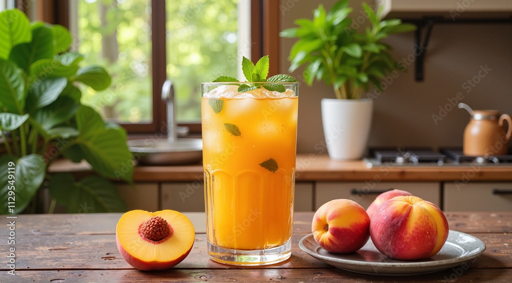Fresh peach lemonade with mint in a glass on a wooden table with fresh peaches and green plants Fresh peach lemonade with mint in a glass on a wooden table with fresh peaches and green plants