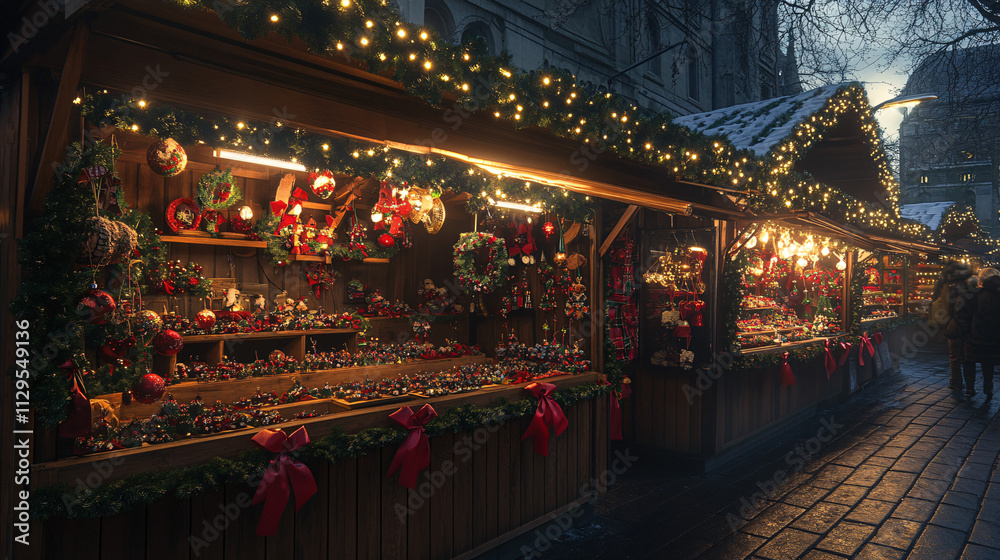 Charming Row of Christmas Market Stalls at Night with Twinkling Lights and Pine Decorations Charming Row of Christmas Market Stalls at Night with Twinkling Lights and Pine Decorations