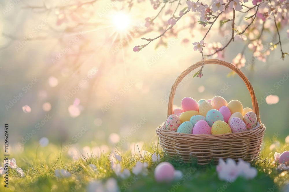 Easter background with a basket full of colorful eggs on the grass, cherry blossoms Easter background with a basket full of colorful eggs on the grass, cherry blossoms