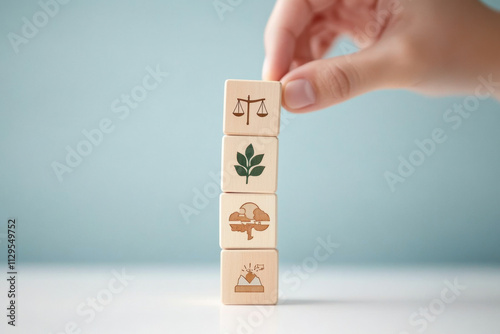 Hand holding wooden block with Ethical icons, business ethics and corporate compliance concept
