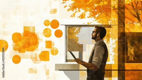 Man holding a tablet in an abstract autumn-themed setting